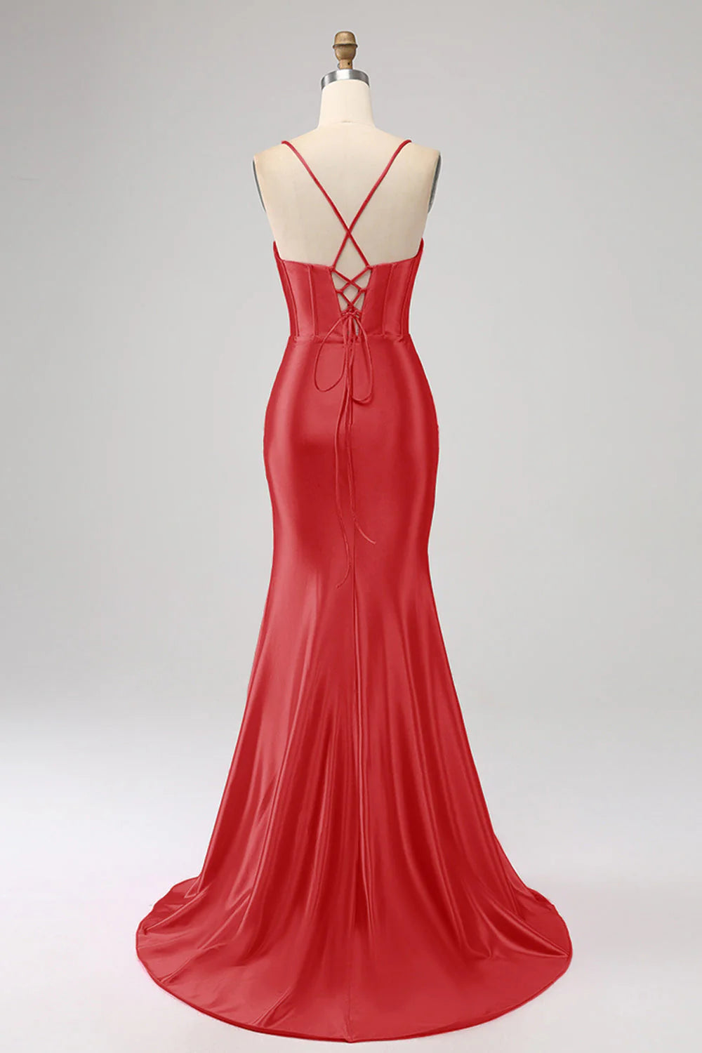 DingJiDress Stunning Red Mermaid Spaghetti Straps Corset Prom Dress with Split Front