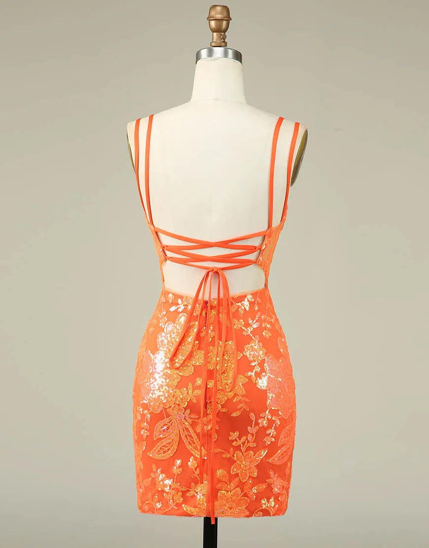 DingJiDress Orange Double Spaghetti Straps Glitter SequinTight Homecoming Dress
