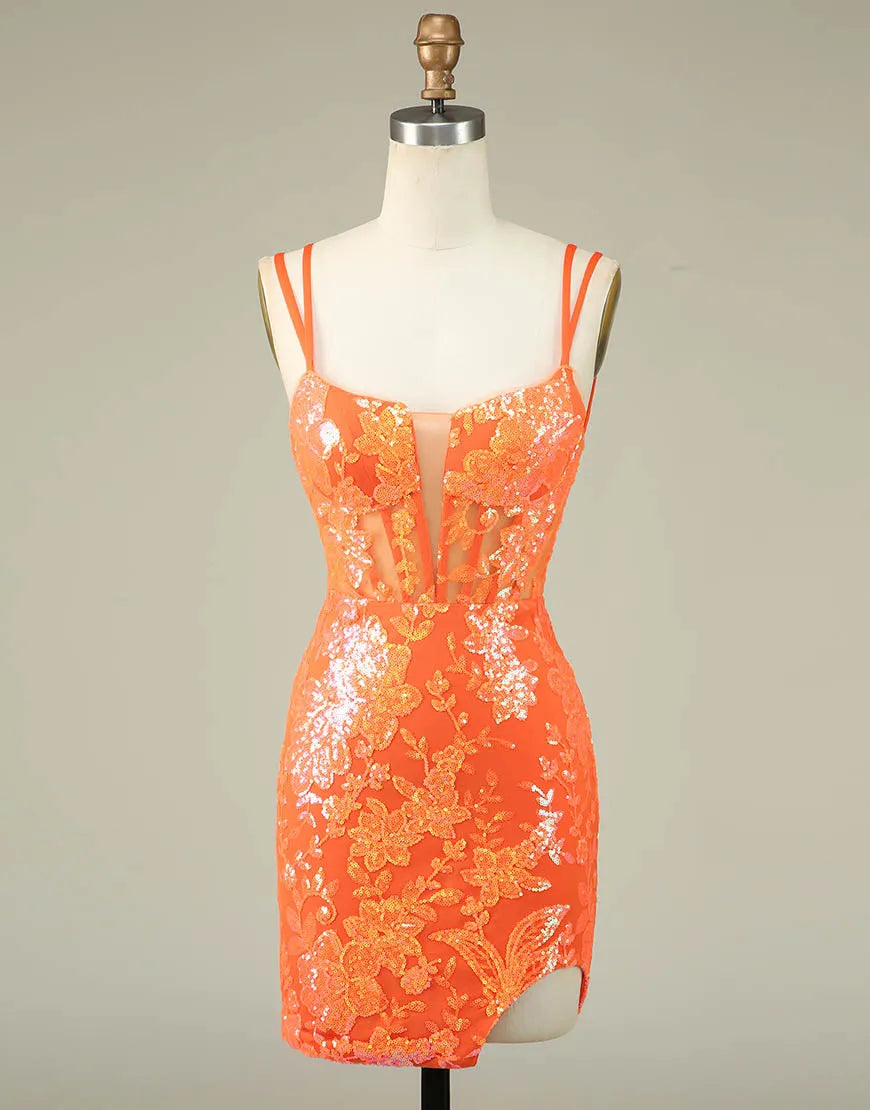 DingJiDress Orange Double Spaghetti Straps Glitter SequinTight Homecoming Dress