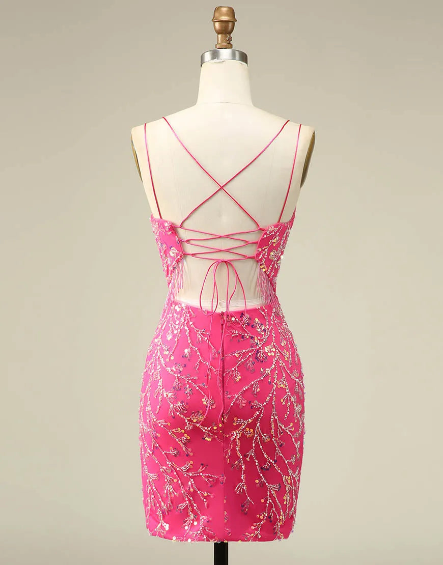 DingJiDress Gorgeous Sparkly Double Spaghetti Straps Tight Homecoming Dress With Fringe