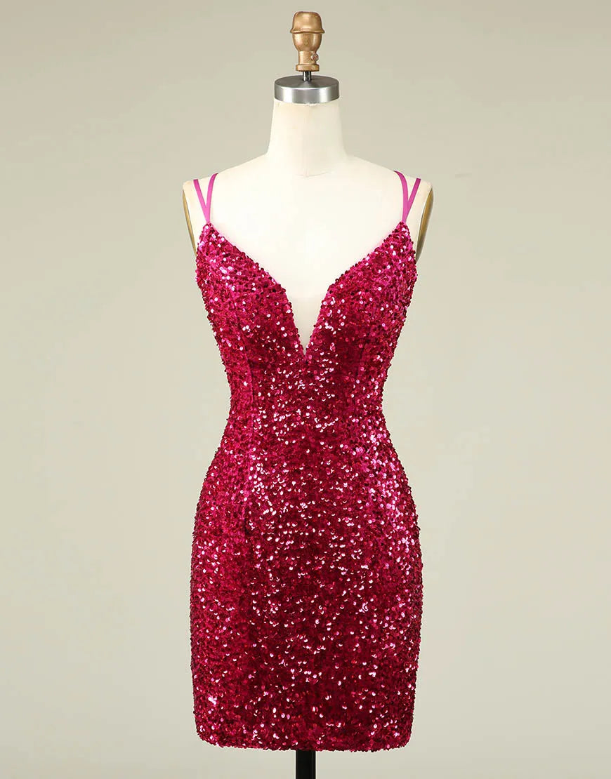 DingJiDress Sparkly Sequin Double Spaghetti Straps Tight Homecoming Dress