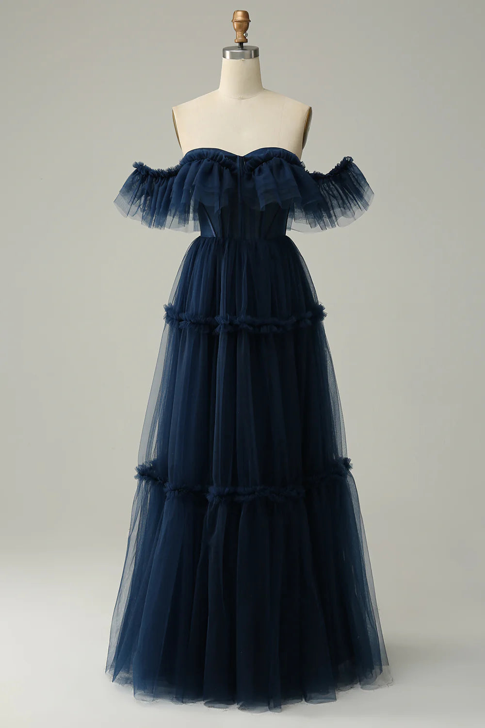 DingJiDress A-Line Off the Shoulder Sweetheart Tulle Navy Long Prom Dress