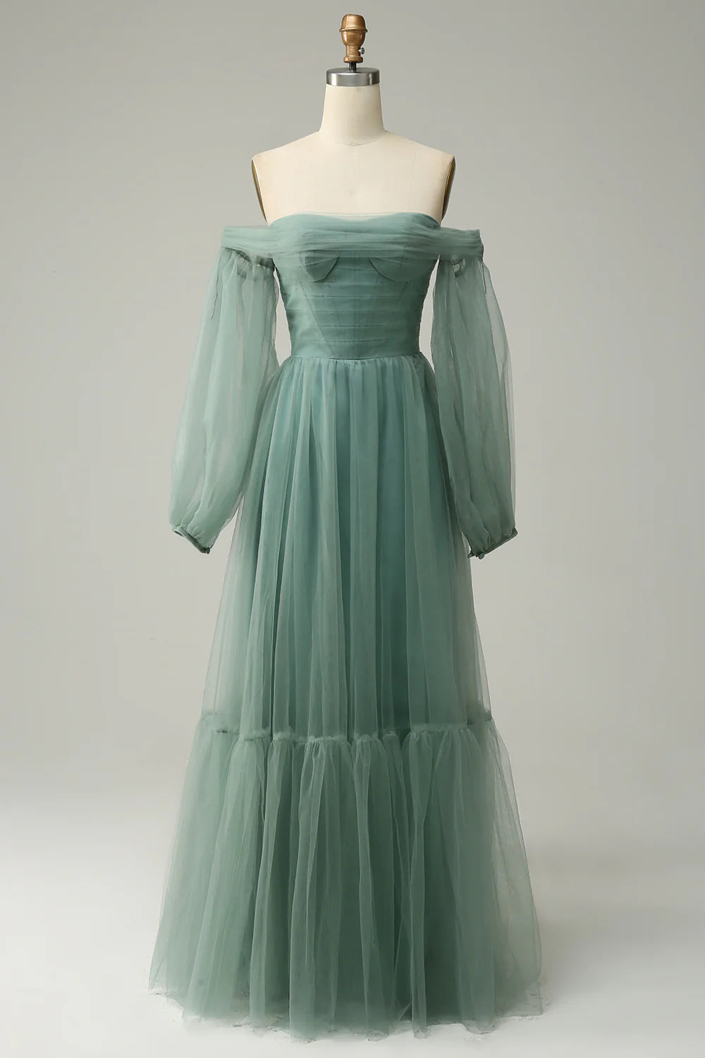 DingJiDress Off The Shoulder Grey Green A-Line Tull Prom Dress With Long Sleeves