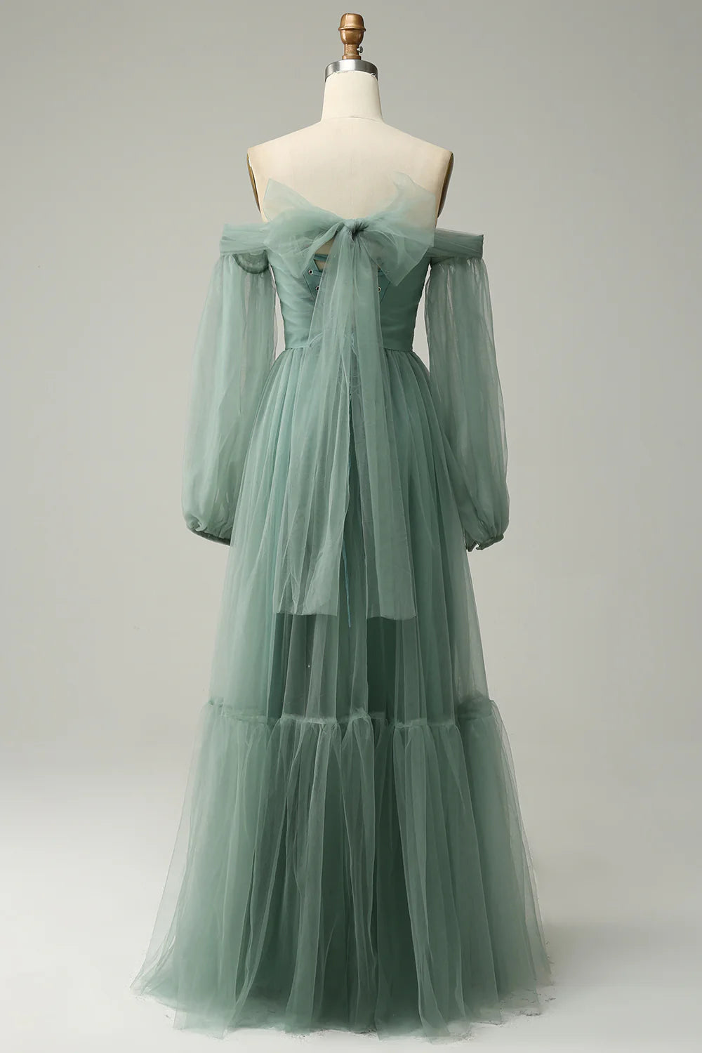 DingJiDress Off The Shoulder Grey Green A-Line Tull Prom Dress With Long Sleeves