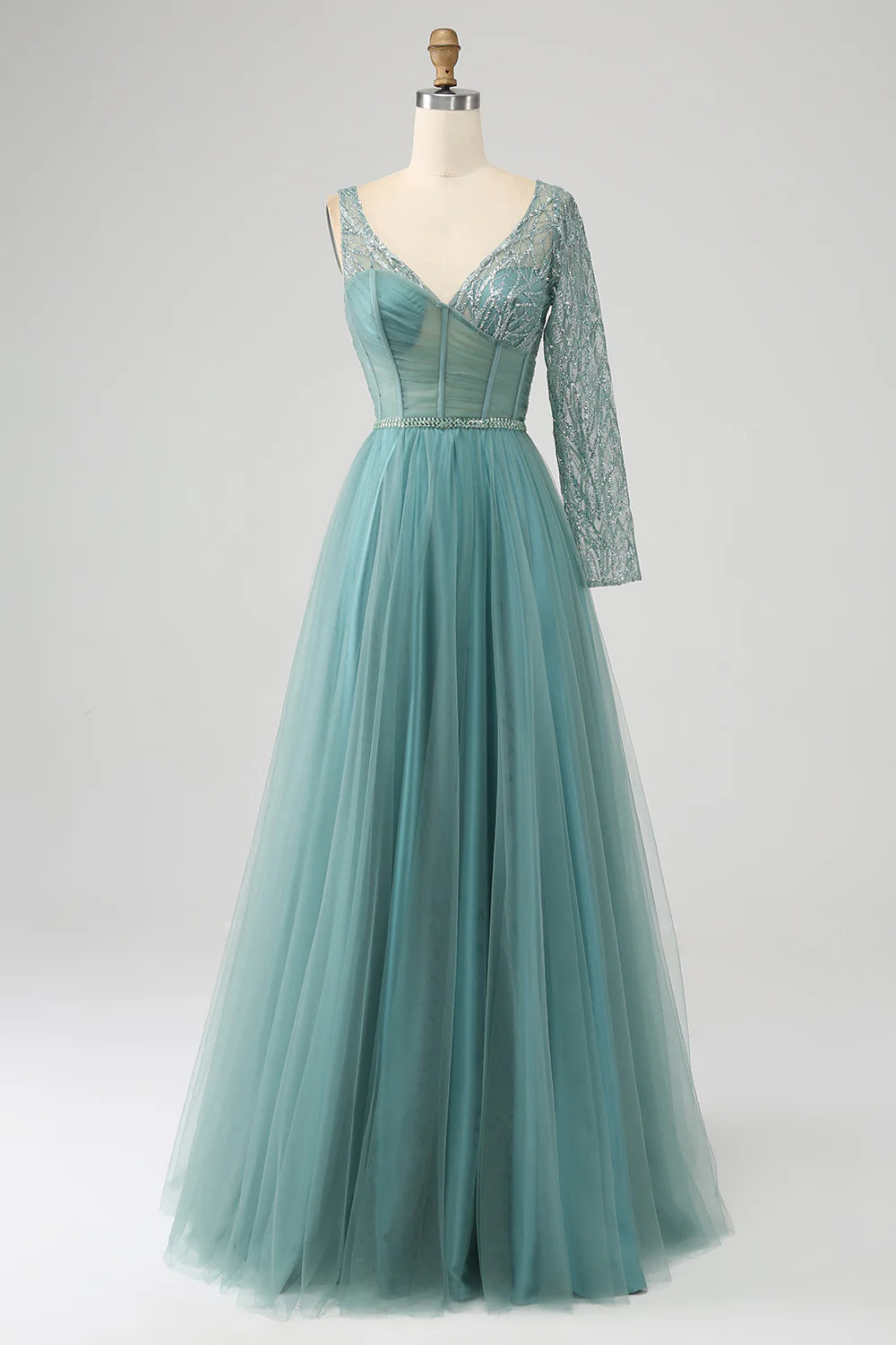 DingJiDress Grey Green A-Line Sparkly Sequin Long Corset Prom Dress