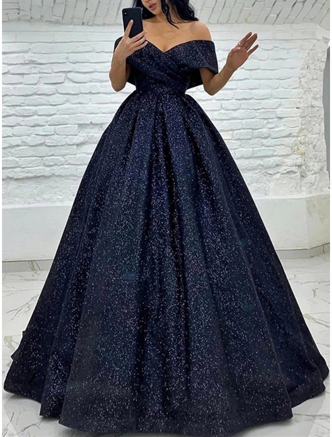A-Line Prom Dresses Glittering Dress Black Tie Gala Sweep / Brush Train Short Sleeve Off Shoulder Sequined with Glitter Pleats