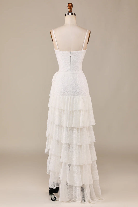 DingJiDress Sheath Spaghetti Straps Ivory Lace Asymmetrical Detachable Train Boho Wedding Dress