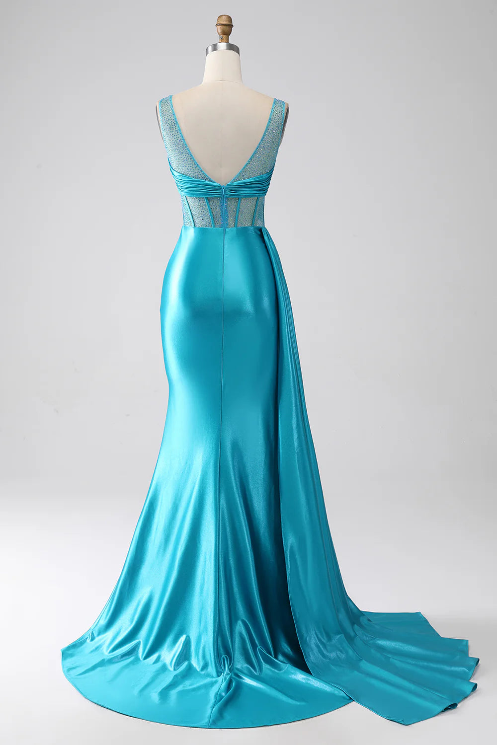 DingJiDress Turquoise Mermaid V-Neck Sweep Train Pleated Corset Beaded Prom Dress