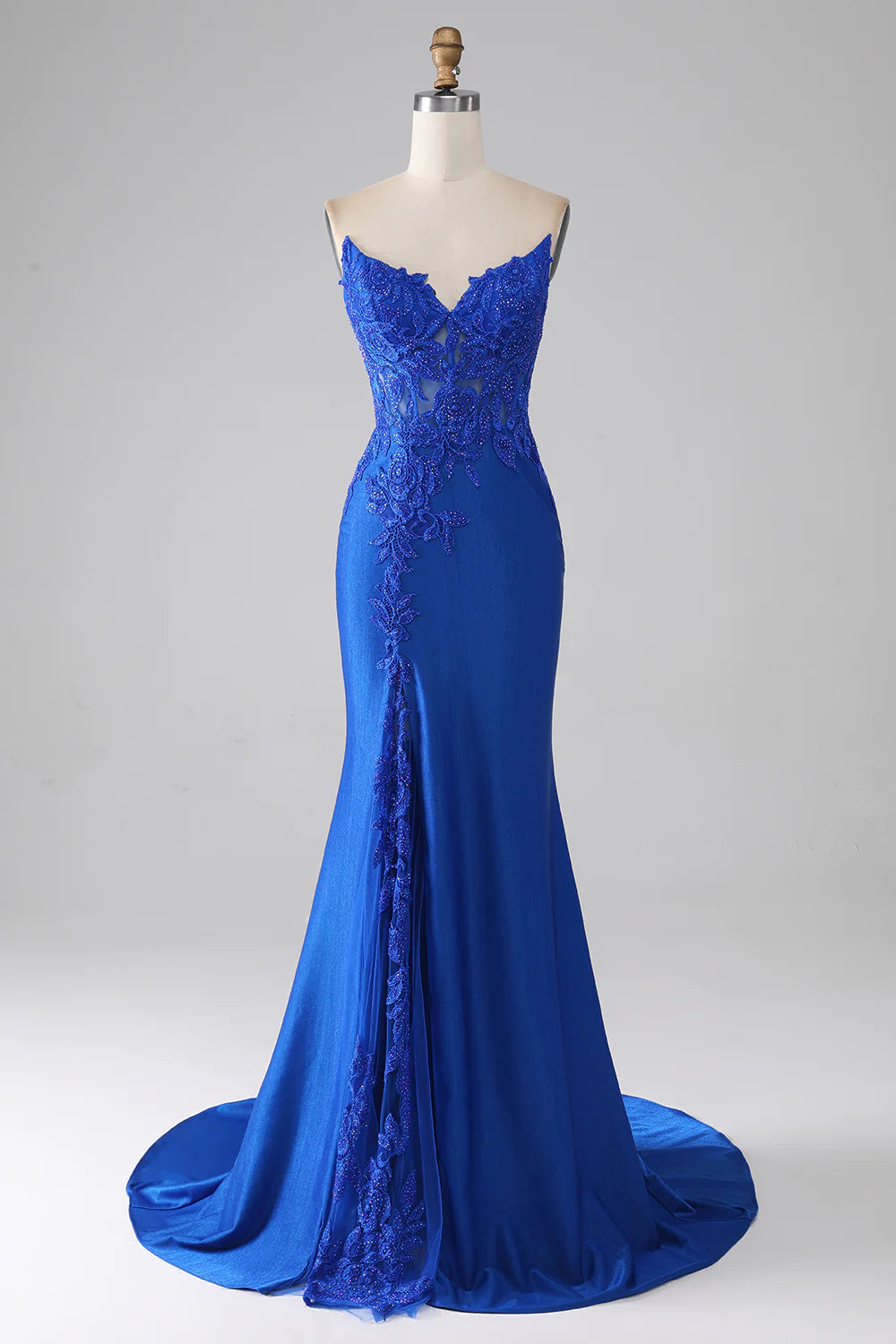DingJiDress Royal Blue Mermaid Strapless Long Beaded Prom Dress With Appliques