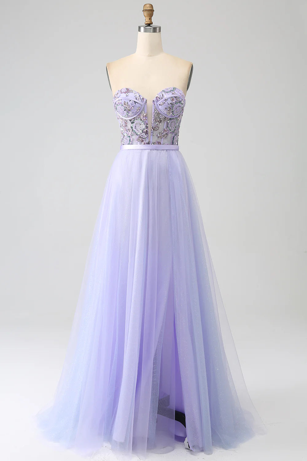 DingJiDress Lavender A Line Tulle Corset Prom Dress with Slit