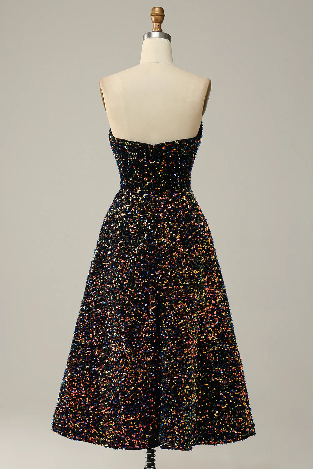DingJiDress A Line Sweetheart Black Sequins Midi Prom Dress