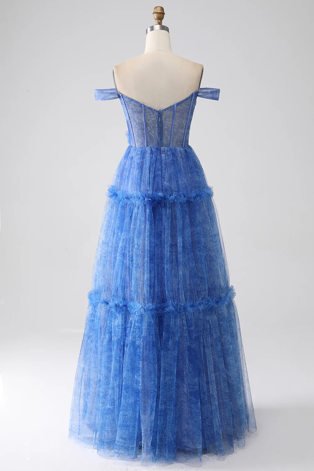 DingJiDress Blue Printed A Line Tulle Corset Prom Dress