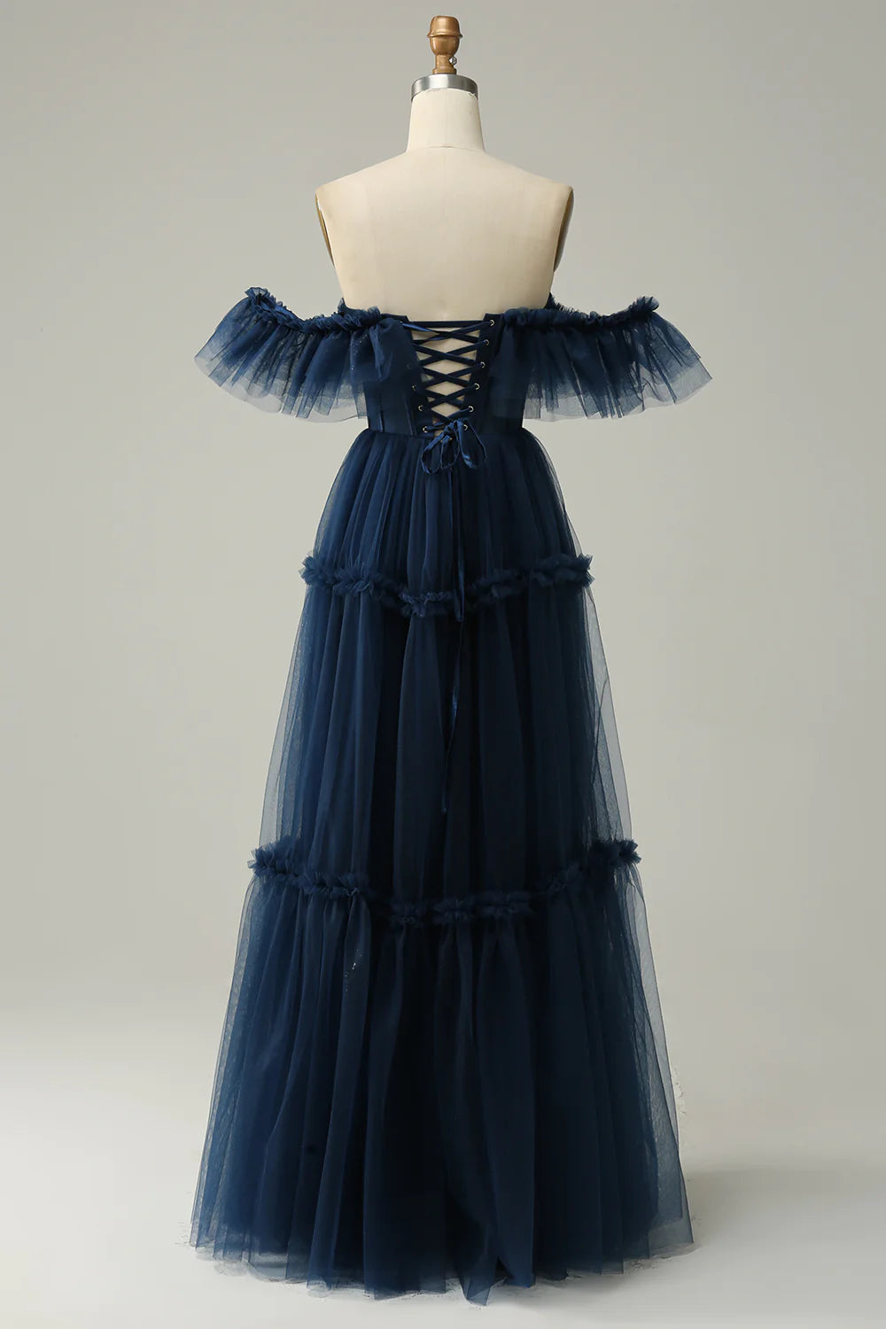 DingJiDress A-Line Off the Shoulder Sweetheart Tulle Navy Long Prom Dress