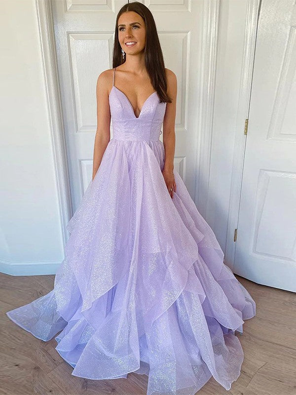 A-Line/Princess Ruffles V-neck Sleeveless Sweep/Brush Train Dresses