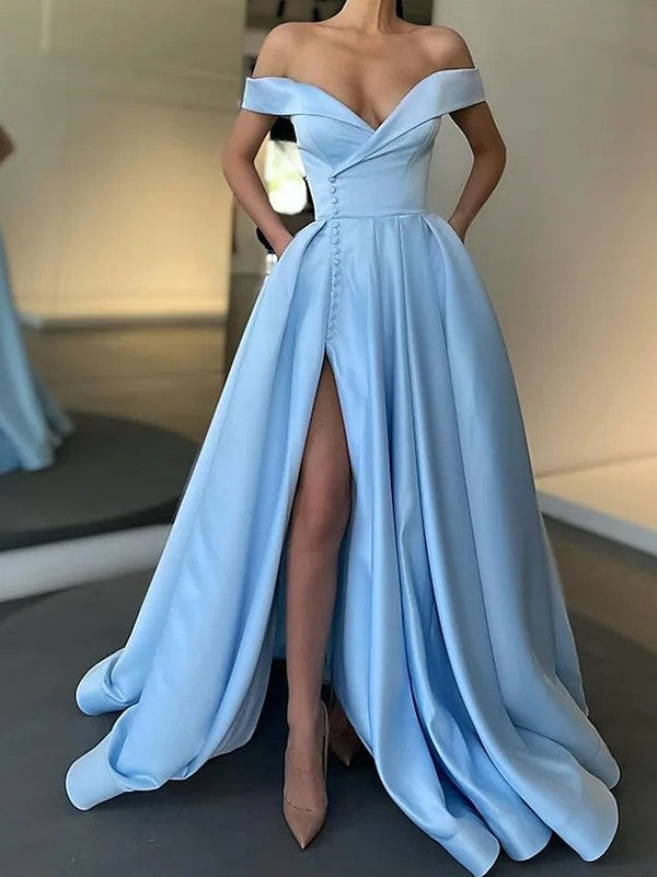 A-Line/Princess Satin Ruffles Off-the-Shoulder Sleeveless Sweep/Brush Train Dresses