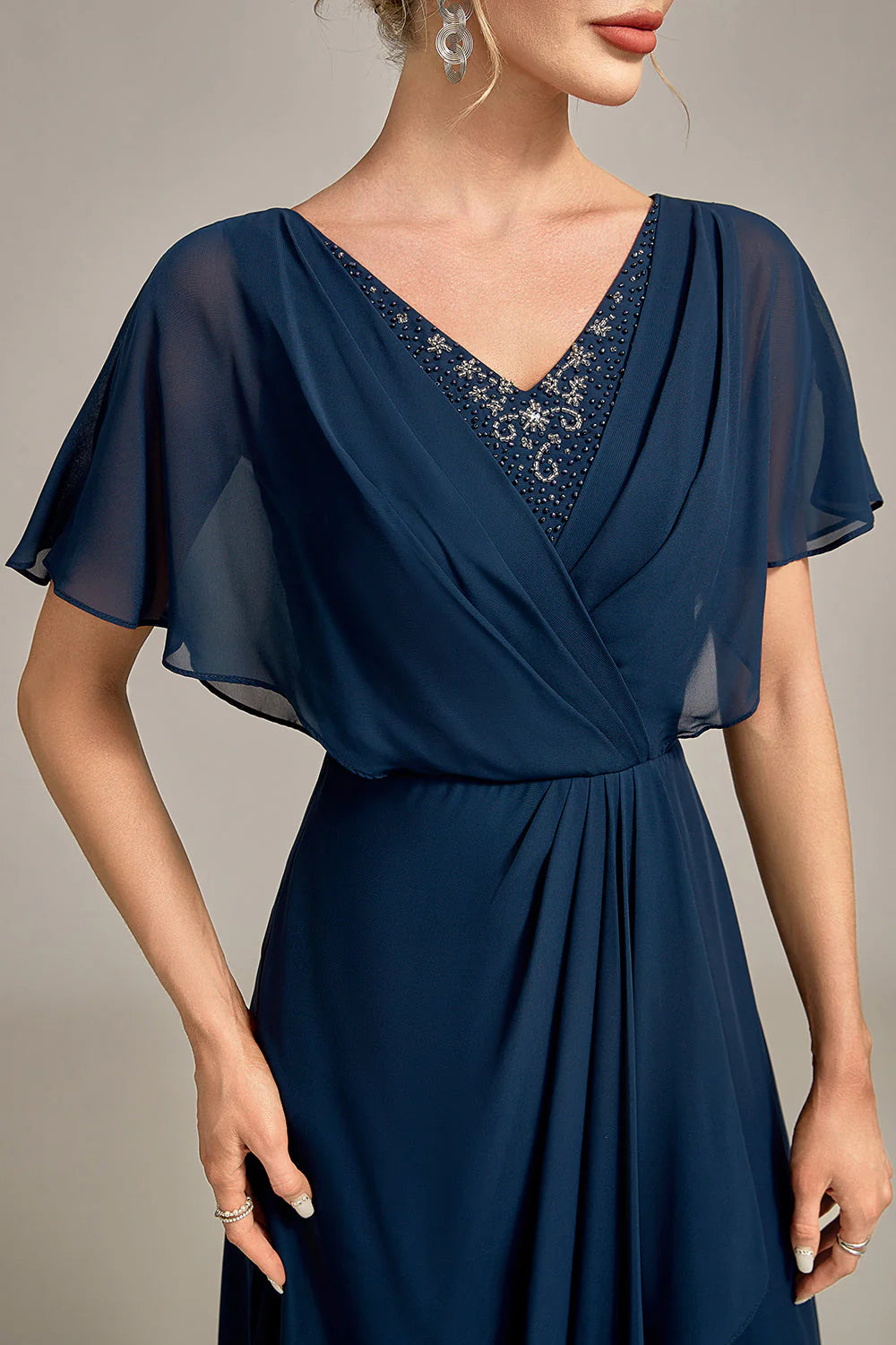 DingJiDress Fashion Navy A-Line Asymmetrical Sequins Mother of the Bride Dress With Beading