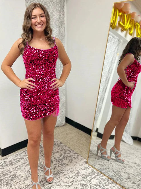 DingJiDress Sexy Fitted Spaghetti Straps Sleeveless Short Velvet Sequin Prom Dress