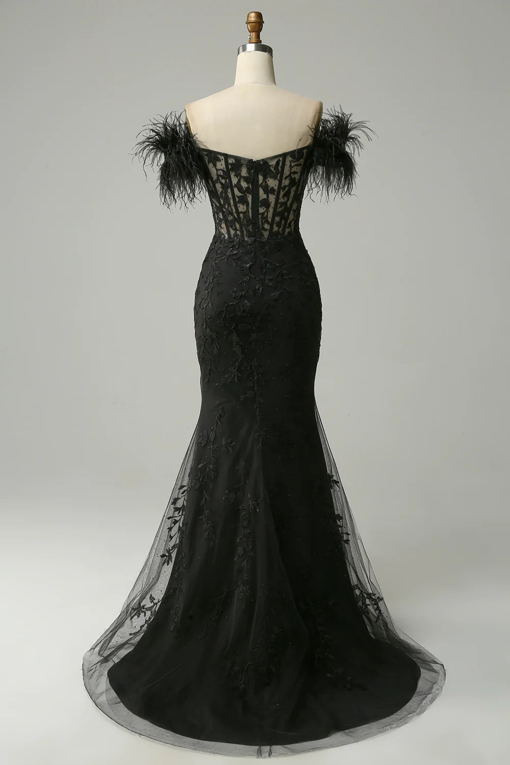 DingJiDress Off the Shoulder Black Mermaid Prom Dress with Feathers