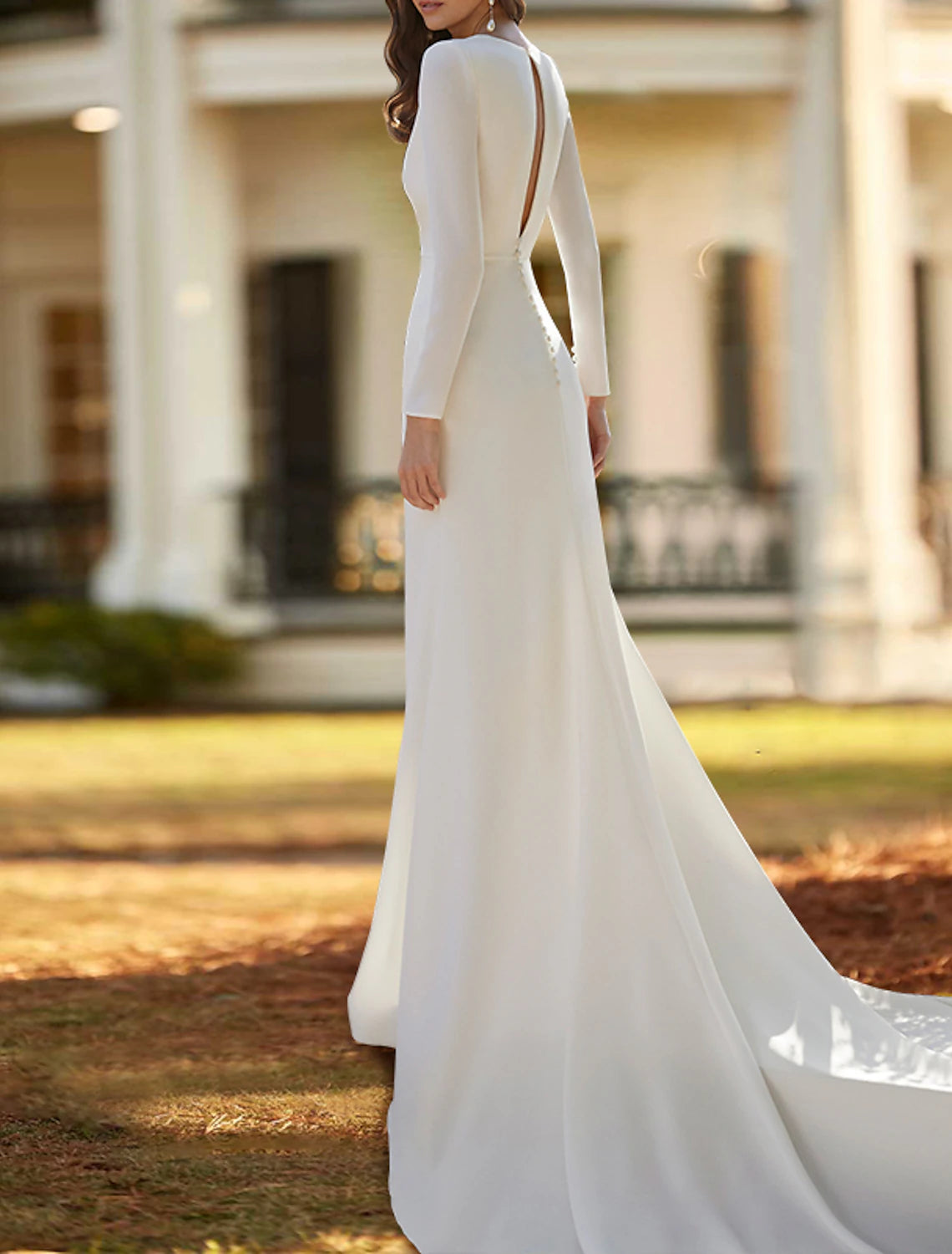 Hall Casual Wedding Dresses Sheath / Column V Neck Long Sleeve Court Train Stretch Fabric Bridal Gowns With Ruched