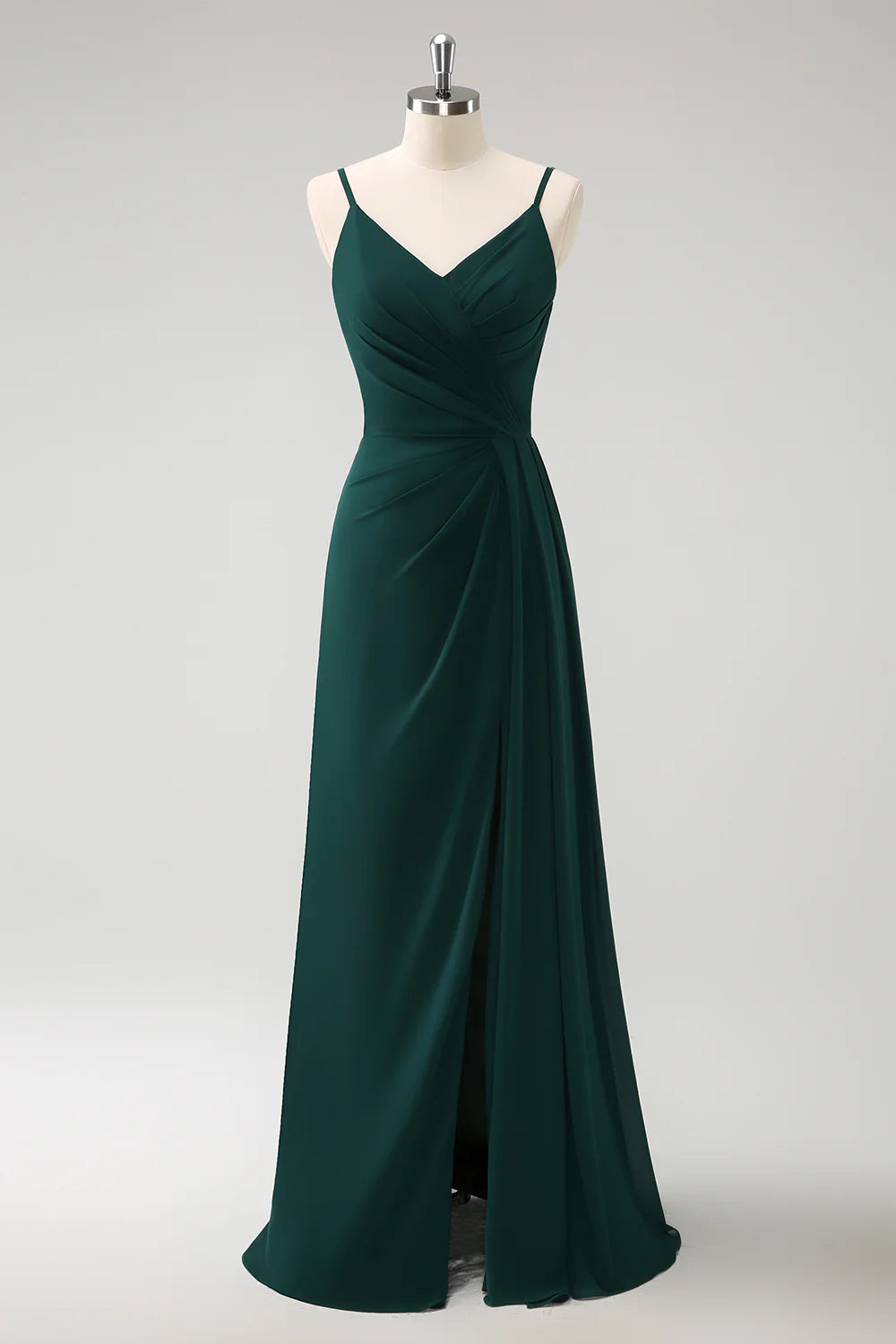 DingJiDress Dark Green A Line Bridesmaid Dress Spaghetti Straps Floor Length Chiffon with Slit