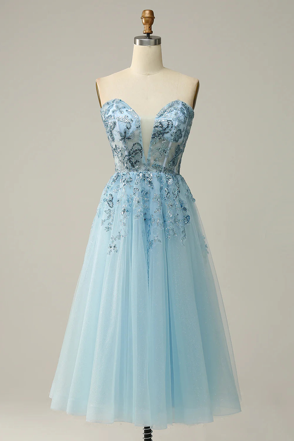 DingJiDress A Line Midi Sweetheart Sequins Sky Blue Prom Dress