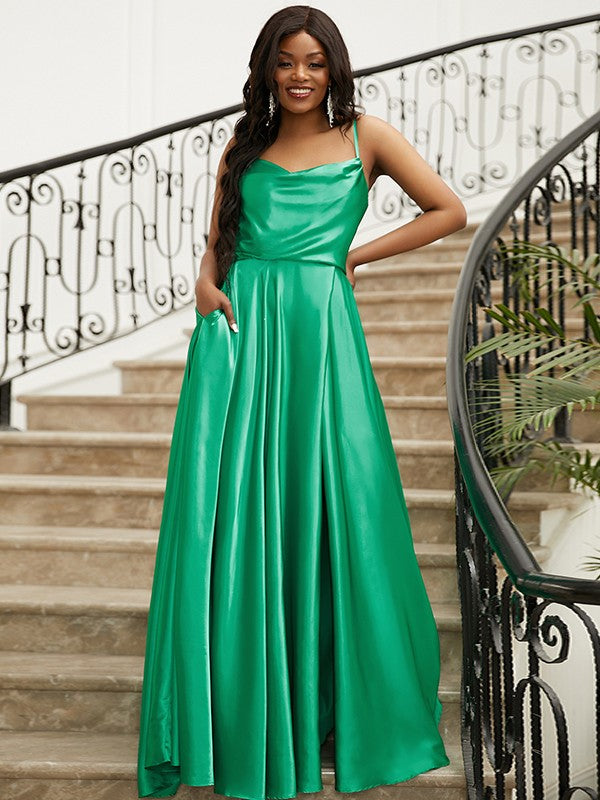 A-Line/Princess Silk like Satin Ruffles Spaghetti Straps Sleeveless Sweep/Brush Train Dresses