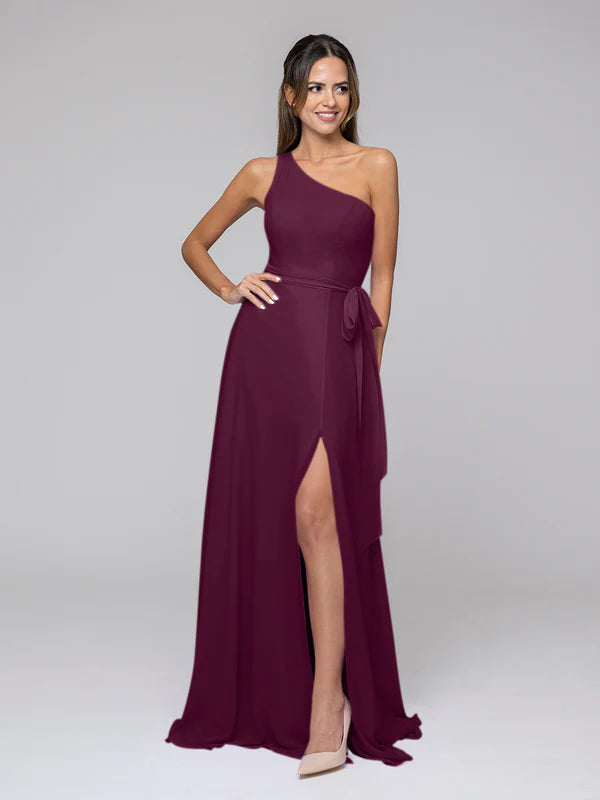 DingJiDress One Shoulder Slit Chiffon Bridesmaid Dresses With Sash Bridesmaid Dresses