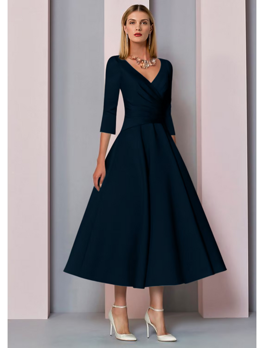A-Line Mother of the Bride Dress Wedding Guest Vintage Plus Size Elegant V Neck Length Satin 3/4 Length Sleeve with Pleats