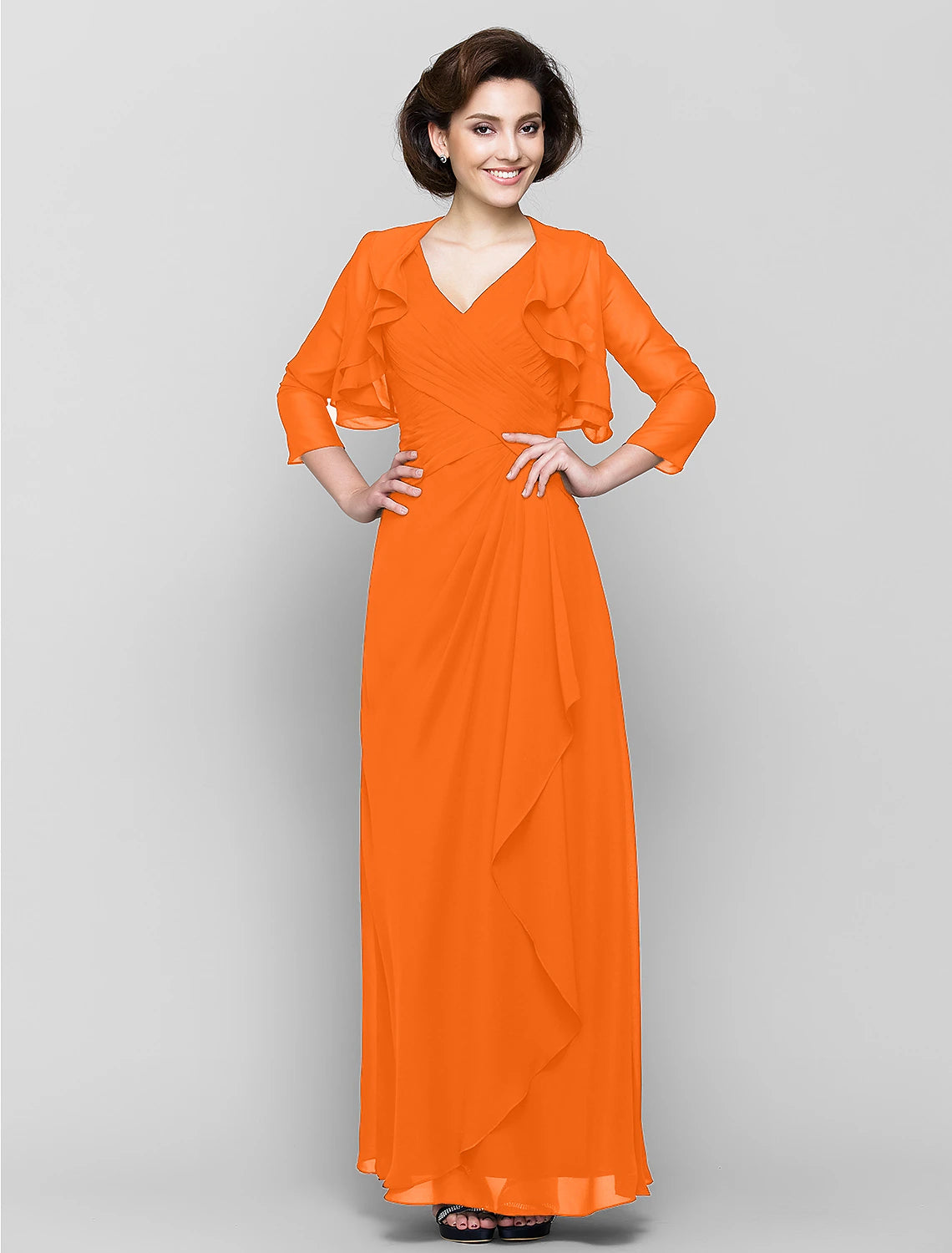 Sheath / Column Mother of the Bride Dress Convertible Dress V Neck Floor Length Chiffon 3/4 Length Sleeve with Criss Cross Cascading Ruffles