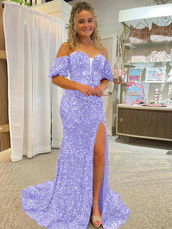 DingJiDress Sheath Off the Shoulder Short Sleeves Long Velvet Sequin Prom Dress