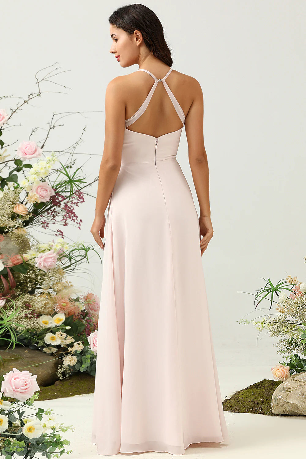 DingJiDress Pink A Line Spaghetti Straps Chiffon Bridesmaid Dress with Slit