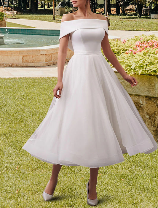 Reception Little White Dresses Wedding Dresses A-Line Off Shoulder Cap Sleeve Tea Length Satin Bridal Gowns With Sashes / Ribbons