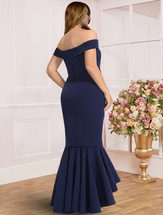 Plus Size Curve Mother of the Bride Dress Wedding Guest Party Elegant Off Shoulder Asymmetrical Stretch Fabric with Pleats