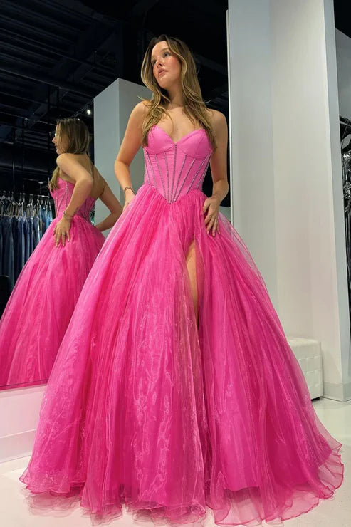 DingJiDress Pink Evening Dress Strapless Organza A-Line Long Prom Dresses