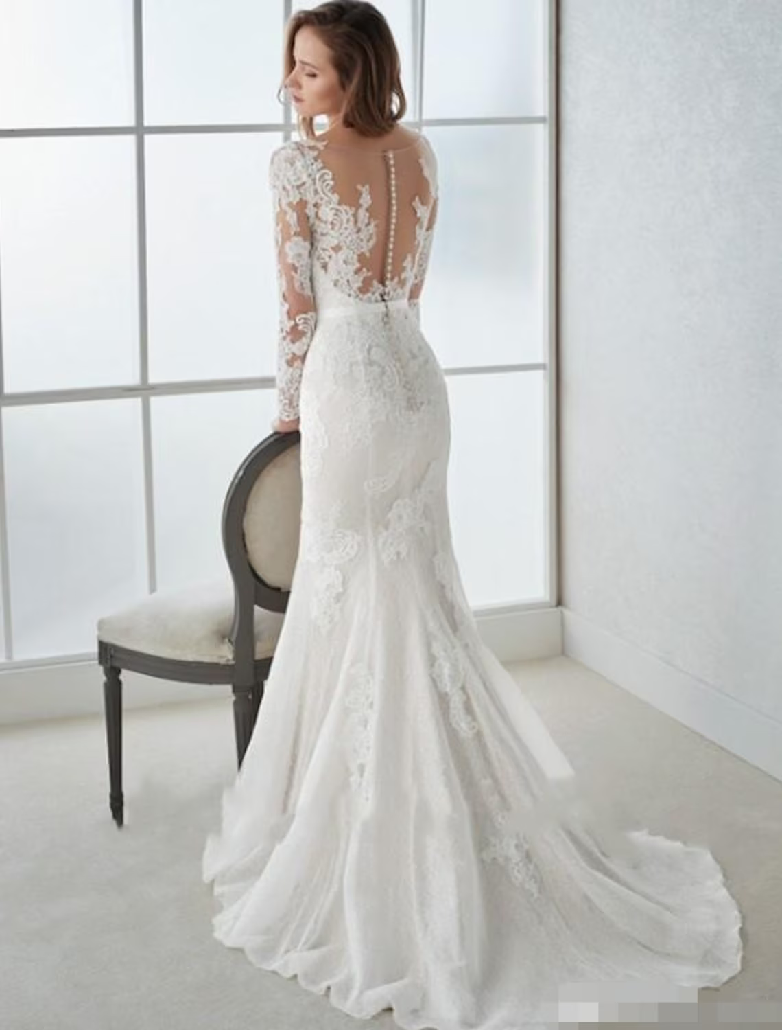 Engagement Open Back Formal Wedding Dresses Long Sleeve V Neck Lace With