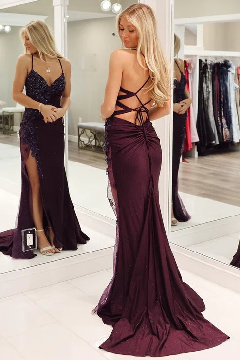DingJiDress Mermaid Evening Dress V Neck Burgundy Satin Beaded Long Prom Dresses