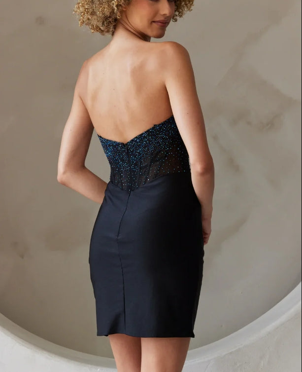 DingJiDress New Pattern Wedding Guest Dress Strapless Corset Dress Illusion Scoop Neck Bodice Open Back Side Leg Slit Mini Dress Black Formal Dress Evening Dress