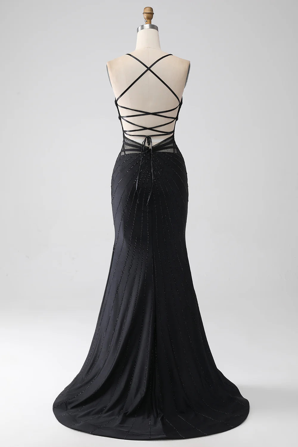 DingJiDress Mermaid Black Spaghetti Straps Long Prom Dress with Slit