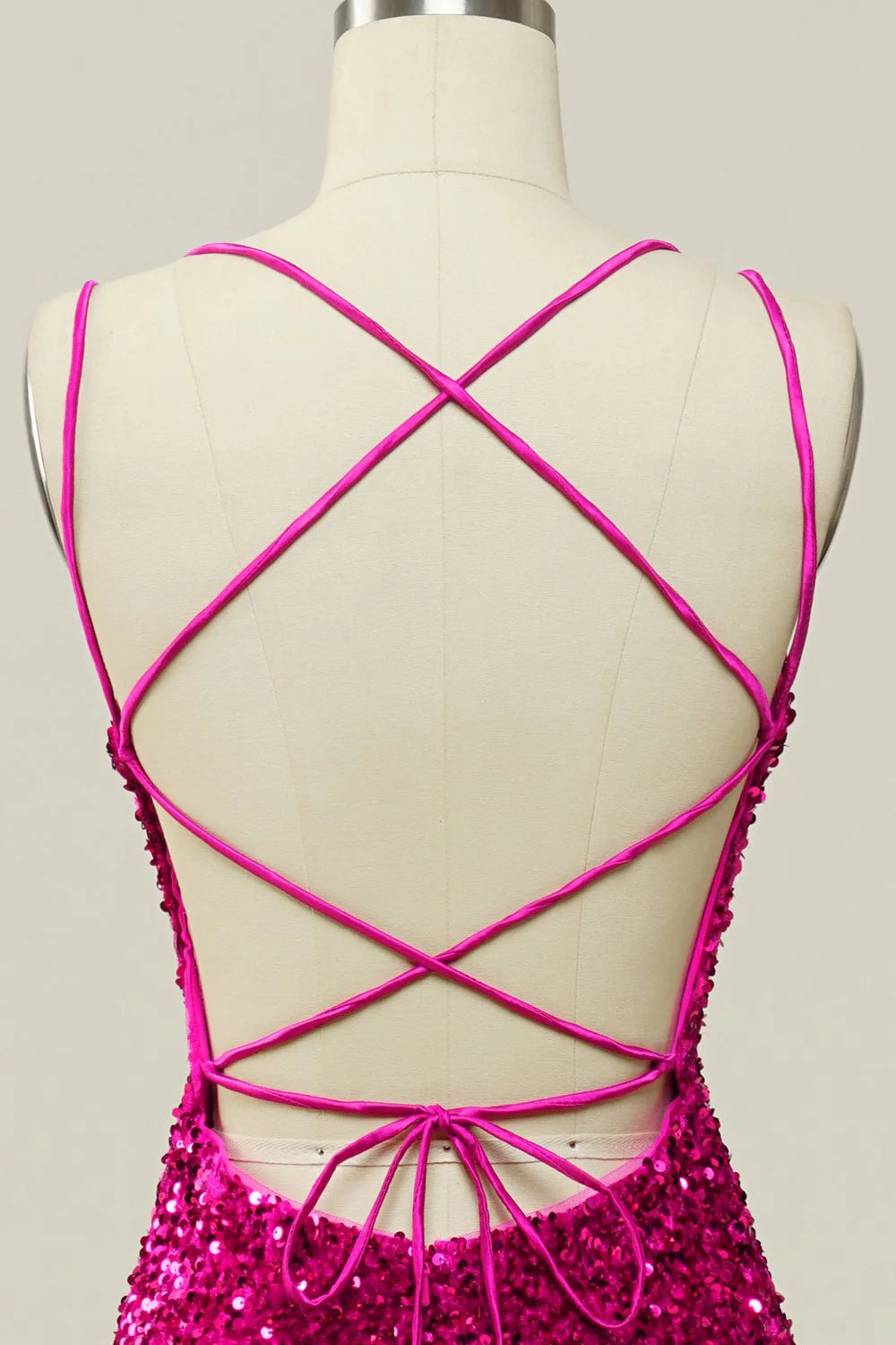 DingJiDress  Hot Pink Sequin Spaghetti Straps Mermaid Prom Dress with Lace-up Back