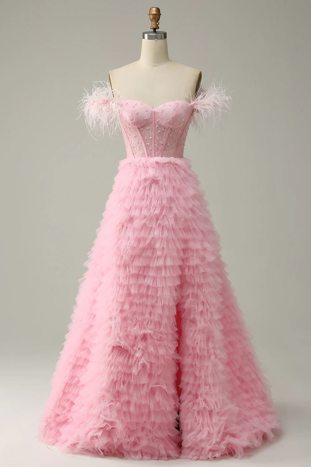 DingJiDress A Line Off the Shoulder Pink Corset Prom Dress with Ruffled Feathers