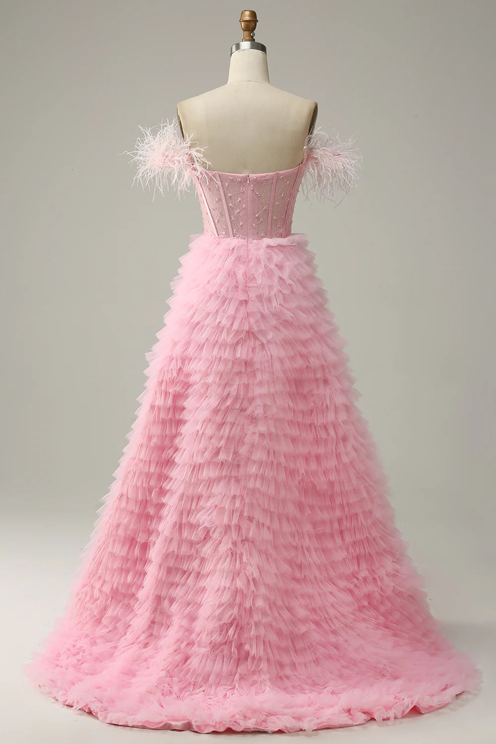 DingJiDress A Line Off the Shoulder Pink Corset Prom Dress with Ruffled Feathers
