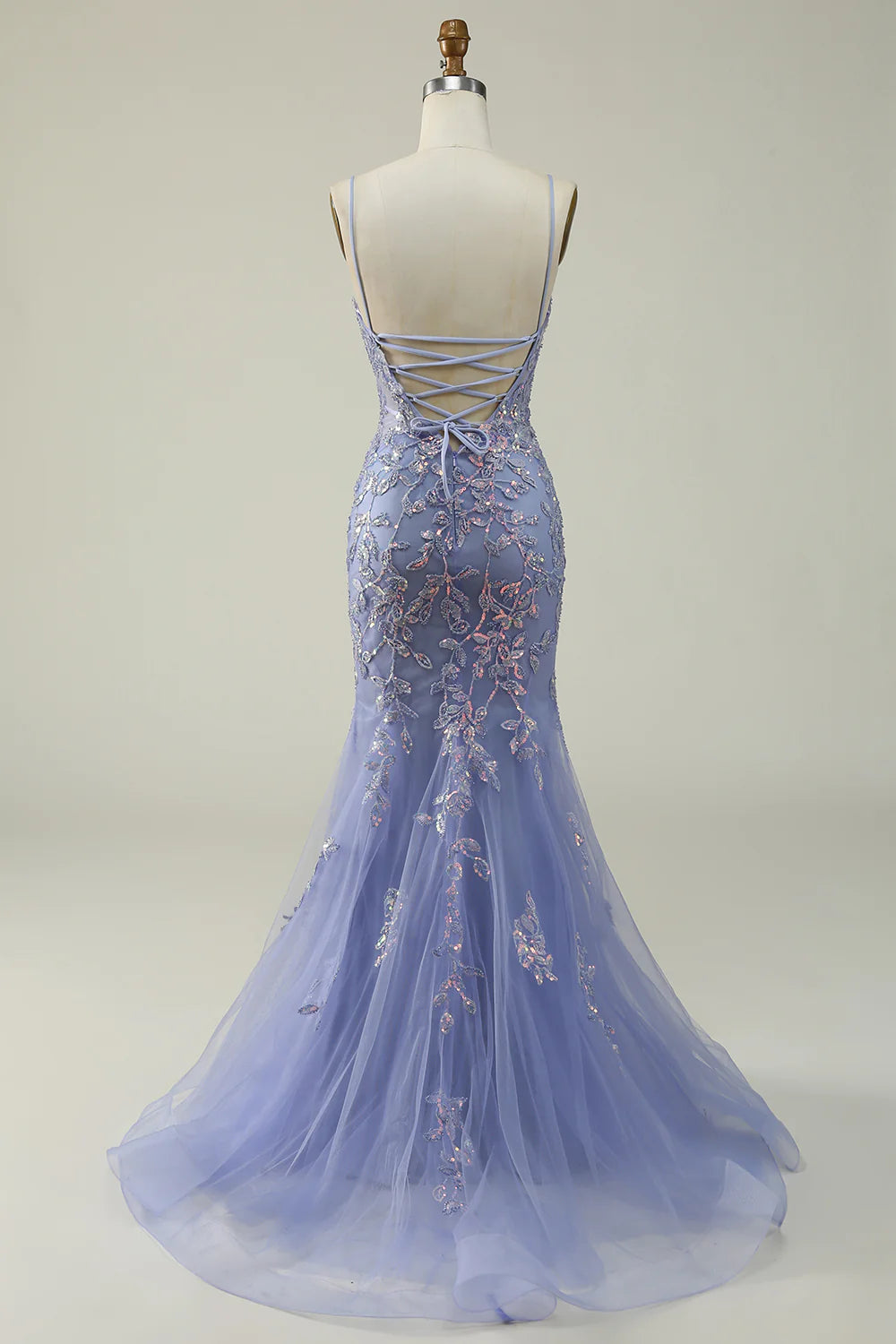 DingJiDress Purple Spaghetti Straps Tulle Long Prom Dress With Appliques