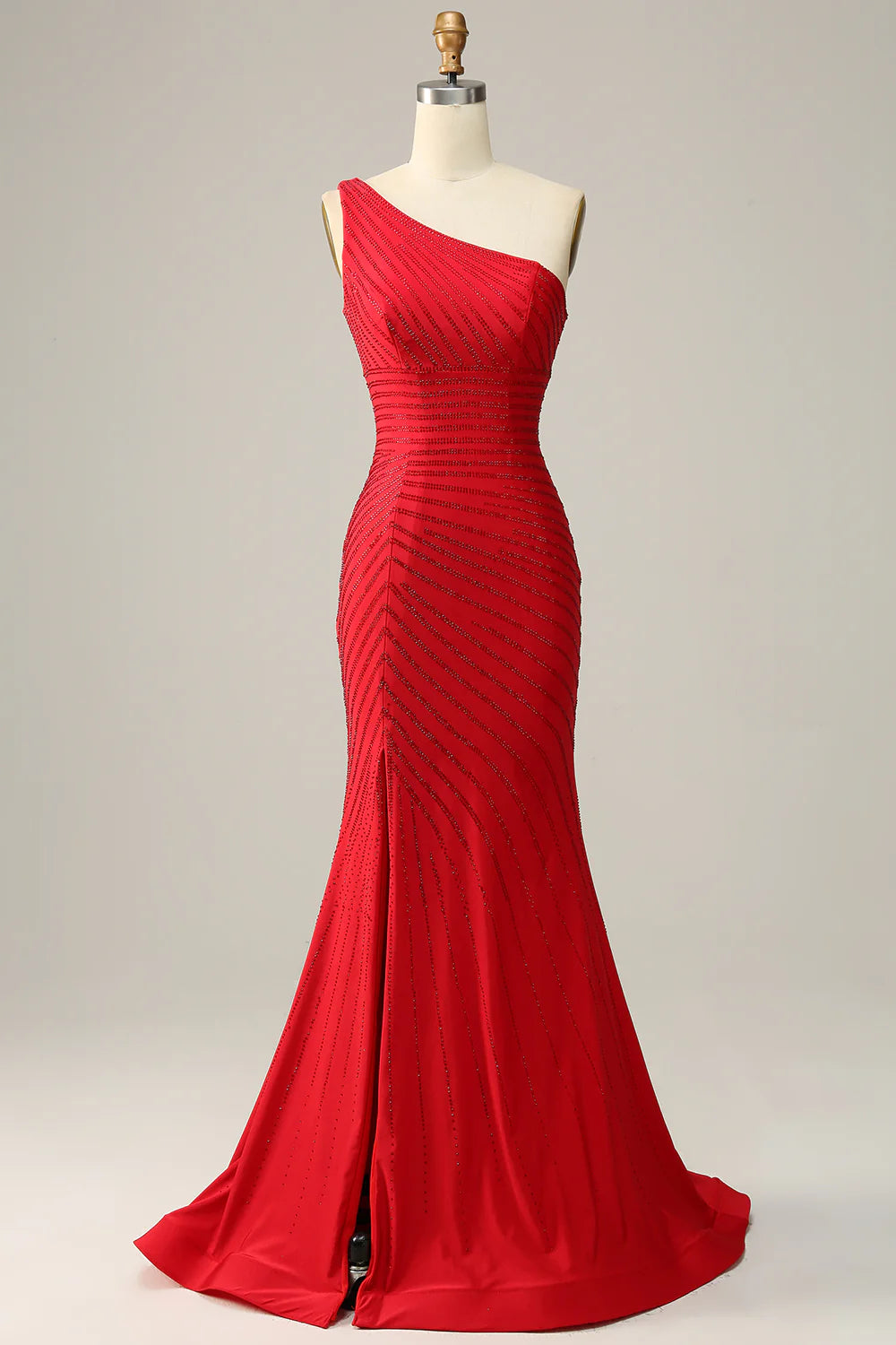 DingJiDress Mermaid One Shoulder Red Long Prom Dress with Beading