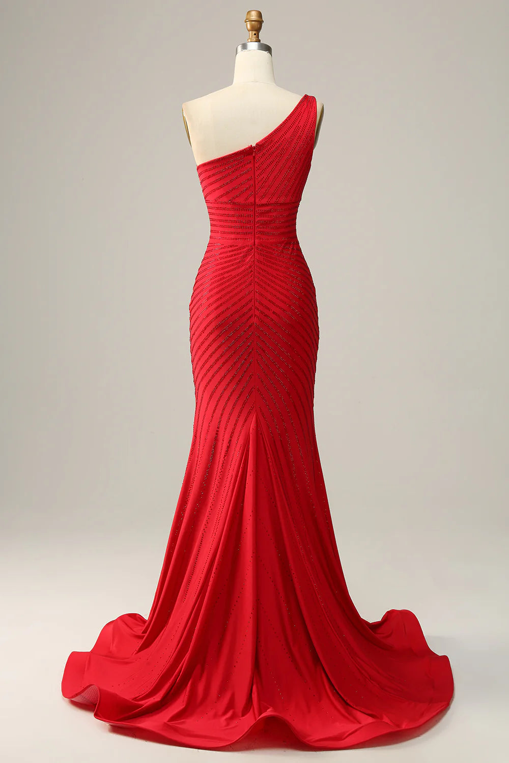 DingJiDress Mermaid One Shoulder Red Long Prom Dress with Beading