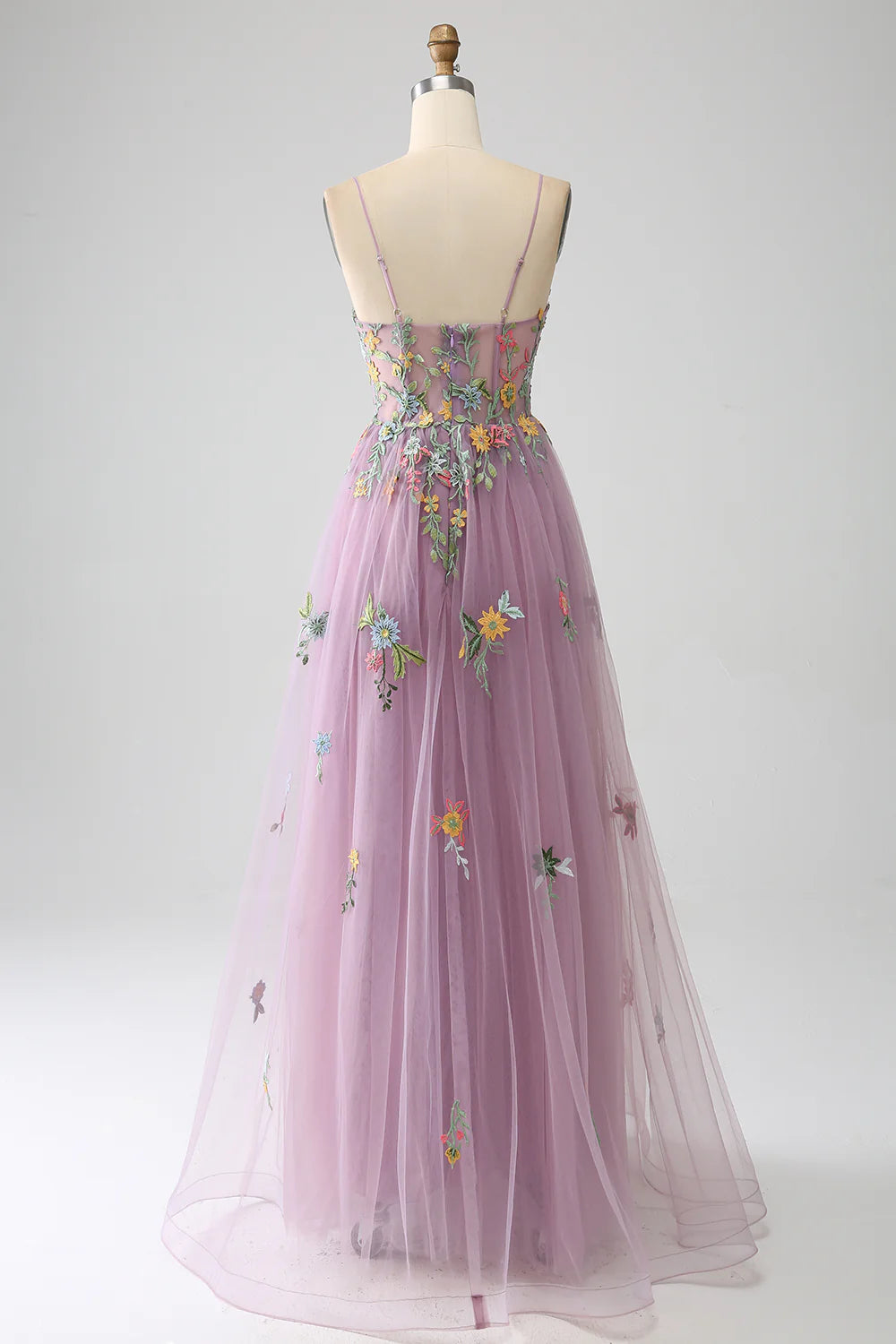 DingJiDress Mauve A-Line Spaghetti Straps Tulle Long Prom Dress With Embroidery