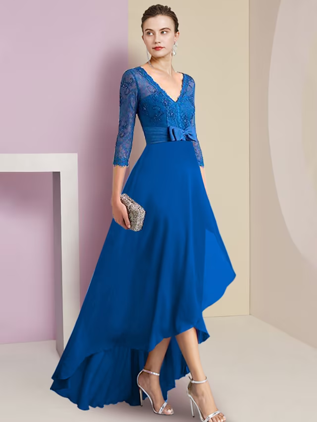 A-Line Mother of the Bride Dress Formal Wedding Guest Elegant High Low V Neck Asymmetrical Chiffon Lace Sleeve with Bow(s)