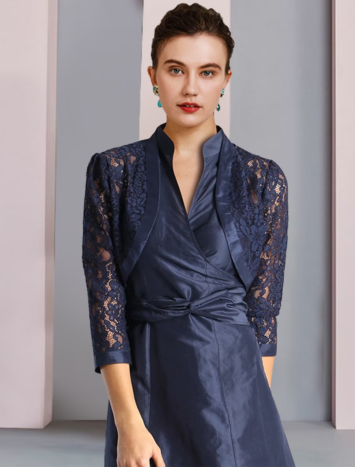 Two Piece A-Line Mother of the Bride Dress Formal Wedding Guest Elegant Shirt Collar Tea Length Lace Sleeveless Wrap Included with Pleats