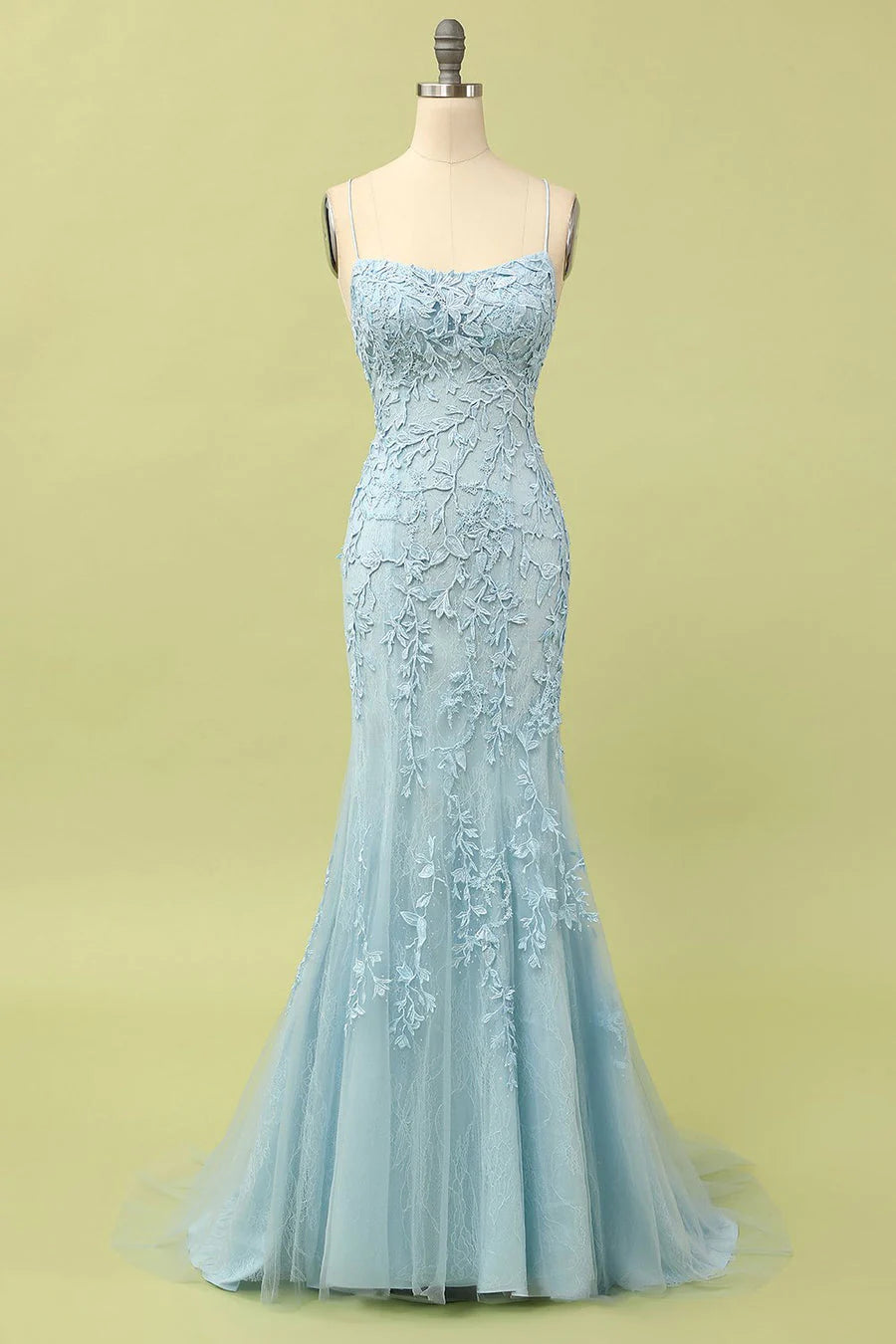 DingJiDress Mermaid Spaghetti Straps Light Pink Long Prom Dress with Appliques