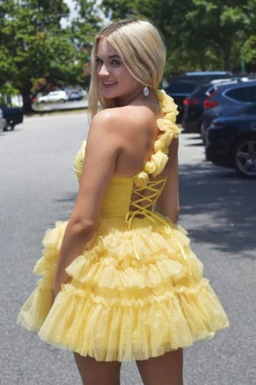 DingJiDress A-Line Homecoming Dress One Shoulder Light Blue Layered Tulle Graduation Dresses
