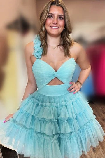 DingJiDress A-Line Homecoming Dress One Shoulder Light Blue Layered Tulle Graduation Dresses